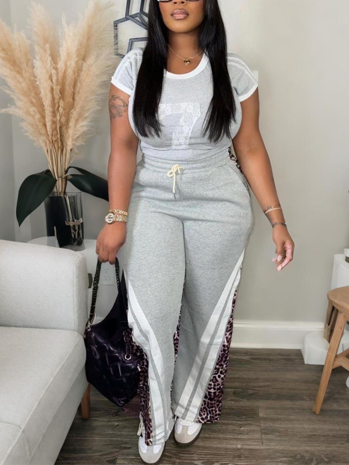 Women's Clothing Autumn Short Sleeved Trendy Street Leopard Print Color Matching High Waist Loose Trousers Suit_voghion.com