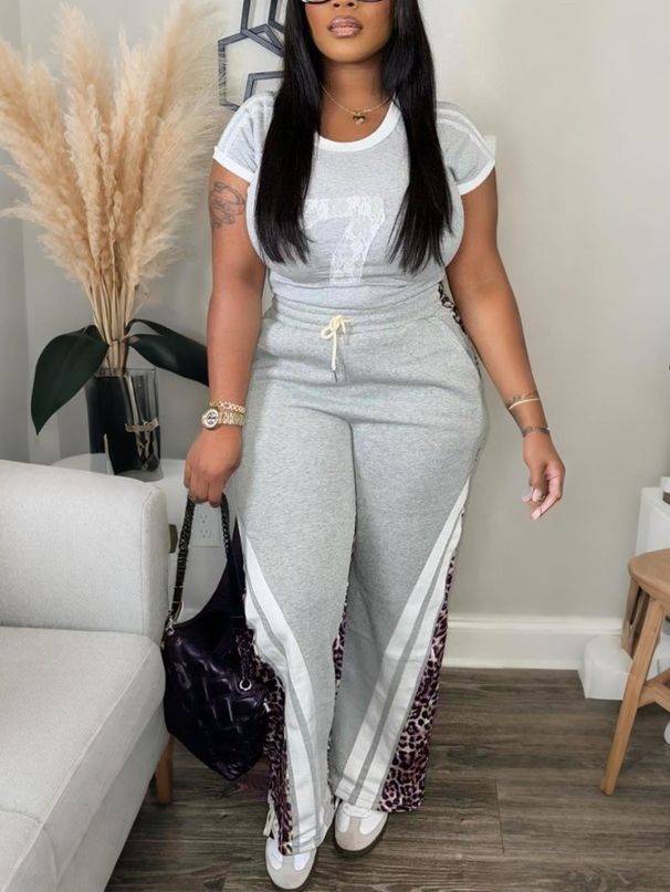 Women's Clothing Autumn Short Sleeved Trendy Street Leopard Print Color Matching High Waist Loose Trousers Suit_voghion.com