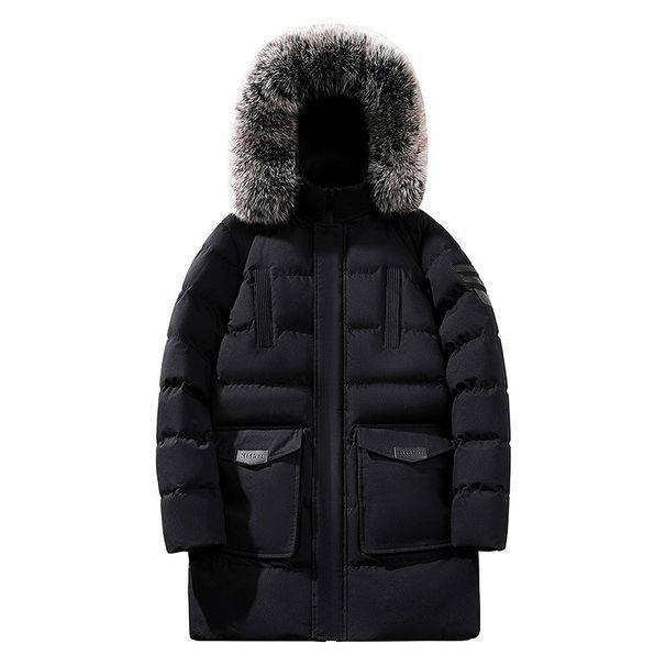 Herren-Winterparka mit abnehmbarer Kapuze und Kunstpelzbesatz, übergroße Passform, schwere Polyesterfüllung, Design mit mehreren Taschen, lässige lange Jacke_voghion.com