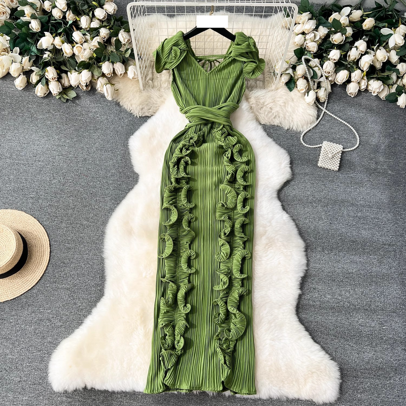 Women's Banquet High-end Dress High-end Light Luxury Niche Pleated Three-dimensional Ruffled Slim Long Temperament Dress For Women_voghion.com