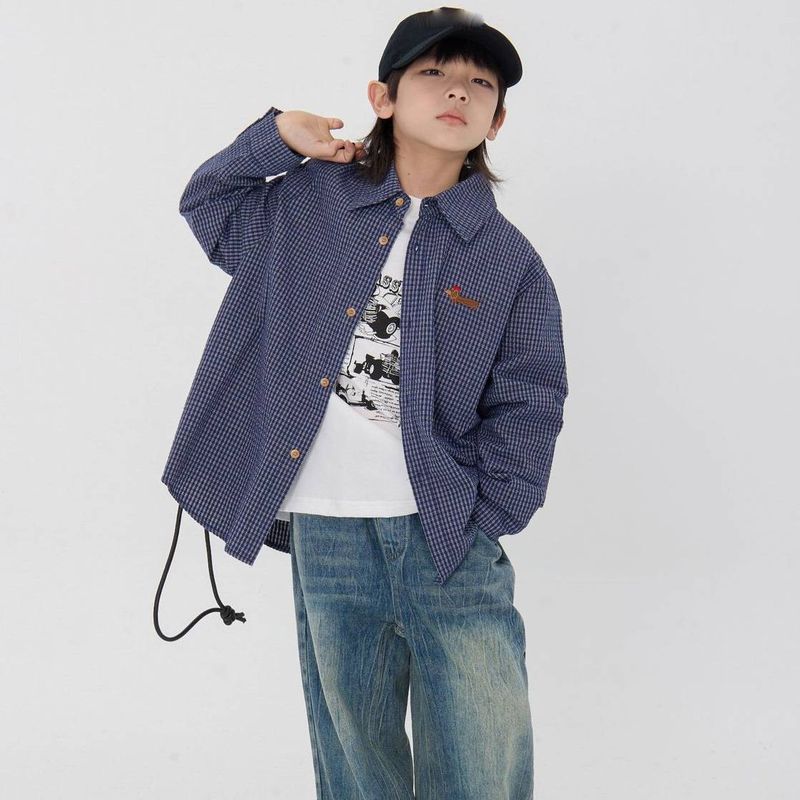 Kids Clothing Fine Plaid Shirt Embroidery Loose Children's Lapel Shirt_voghion.com