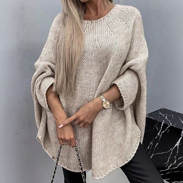 Maglione poncho con maniche a pipistrello – Mantella oversize in maglia con maniche a 3/4 (S-L, beige, poliestere, essenziale per autunno/inverno)_voghion.com
