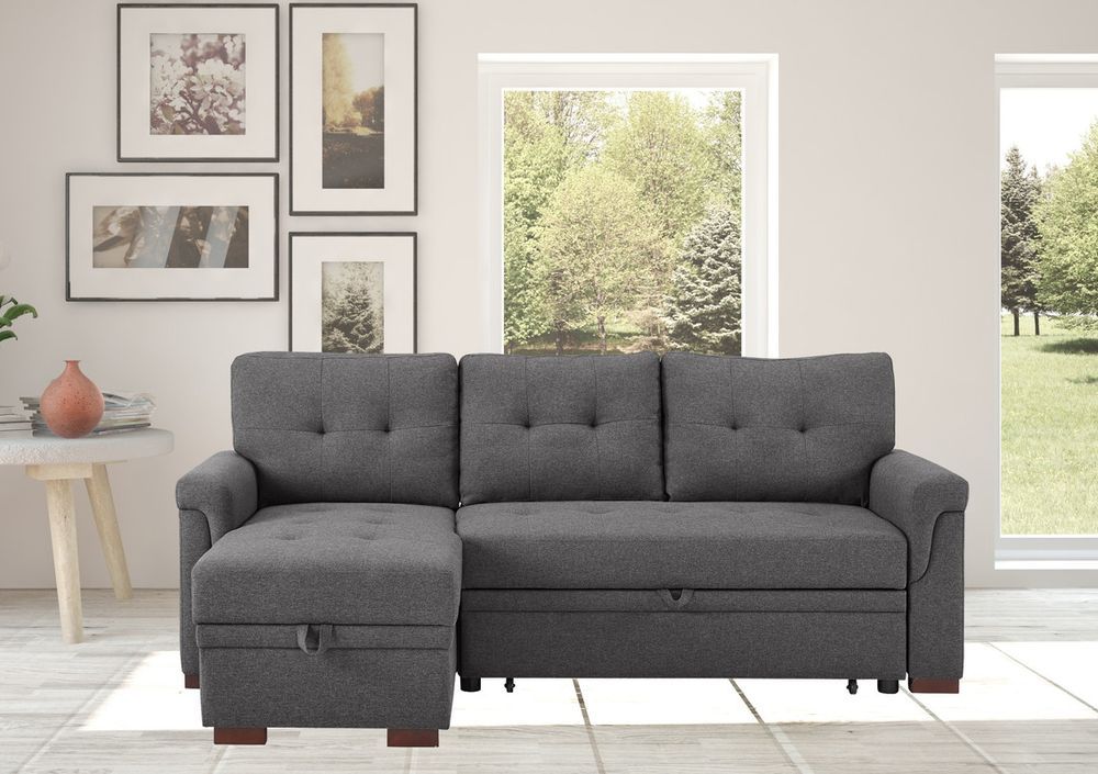 Hunter 84' Dark Gray Linen Reversible Sleeper Sectional Sofa With Storage Chaise_voghion.com