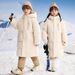 Kids' Long Winter Puffer Coat – Thickened Polyester Jacket With Detachable Hood For Boys & Girls (120-170cm, Black/Red/White, Windproof & Soft)_voghion.com