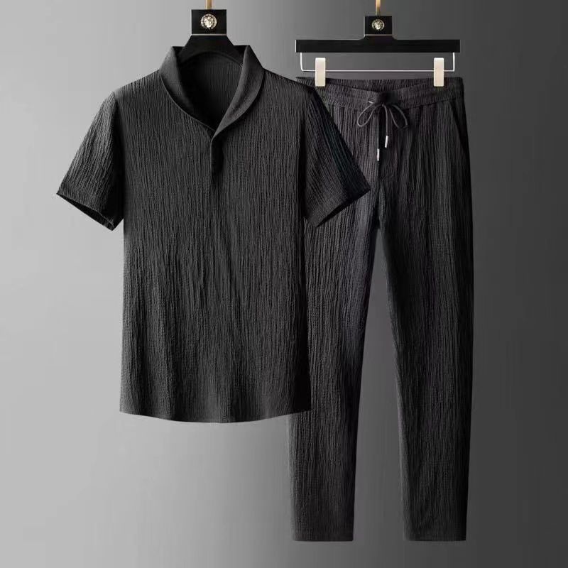 Traje de lino y seda de hielo de manga corta para hombre, camiseta holgada de verano de talla grande y manga media, traje de dos piezas de algodón y lino._voghion.com