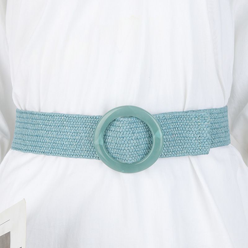 Fresh And Fashionable Elastic PP Straw Woven Wide Bohemian Style Round Buckle Decorative Dress Belt For Women_voghion.com