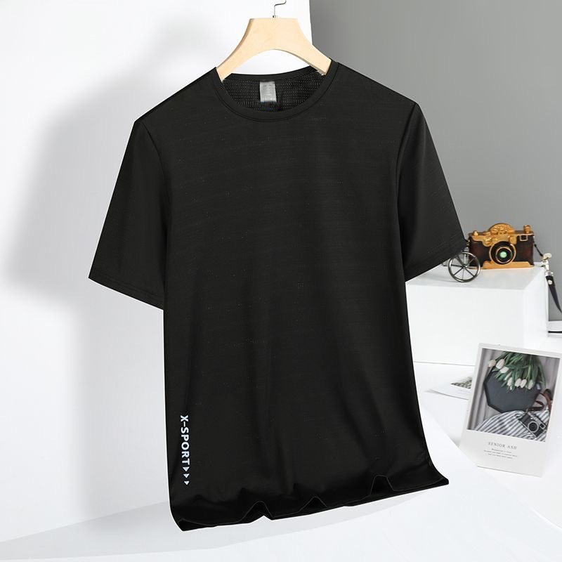 Herrenbekleidung hochelastisches, schnelltrocknendes Kurzarm-Shirt aus Eisseide für den Sommer, Laufen, Sport, dünn, atmungsaktiv, Rundhalsausschnitt, feuchtigkeitsableitend, Herren-T-Shirt_voghion.com