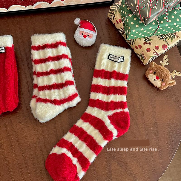 Calzini da pavimento invernali per donne, in lana australiana a righe rosse, per Natale e Capodanno, spessi e caldi, per la casa_voghion.com