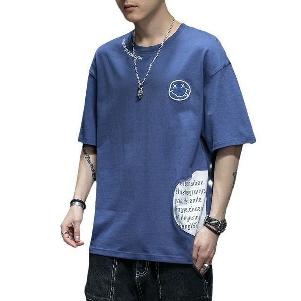 Herrenbekleidung 2024 Sommerversion Stickerei All-Match Rundhalsausschnitt Reine Baumwolle Halbarm-T-Shirt Smiley-Print Kurzarm Herren_voghion.com