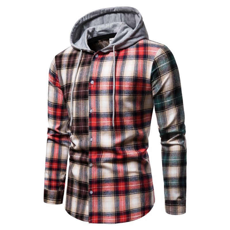 Camicia a quadri con cappuccio e cuciture alla moda maschile per autunno e inverno_voghion.com