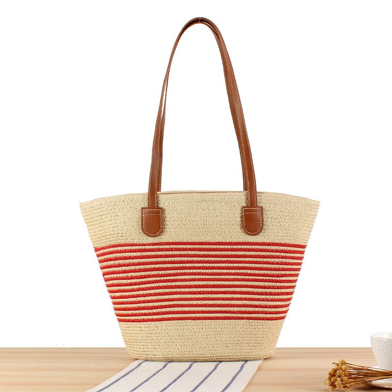 Borsa tote di grande capienza a righe Borsa Premium testurizzata intrecciata a mano Borsa a tracolla Resort tutto in uno_voghion.com