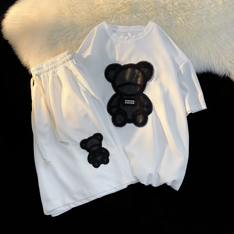 Men's Clothing Sports suit men's summer trend short-sleeved shorts suit bear print pattern simple loose two-piece suit_voghion.com