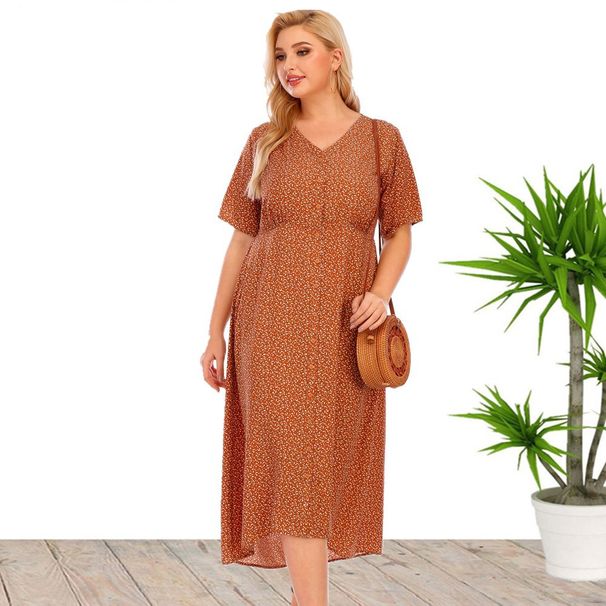 2023 Women's Summer New Short Sleeve Printed Button Pocket Plus size Dresses_voghion.com