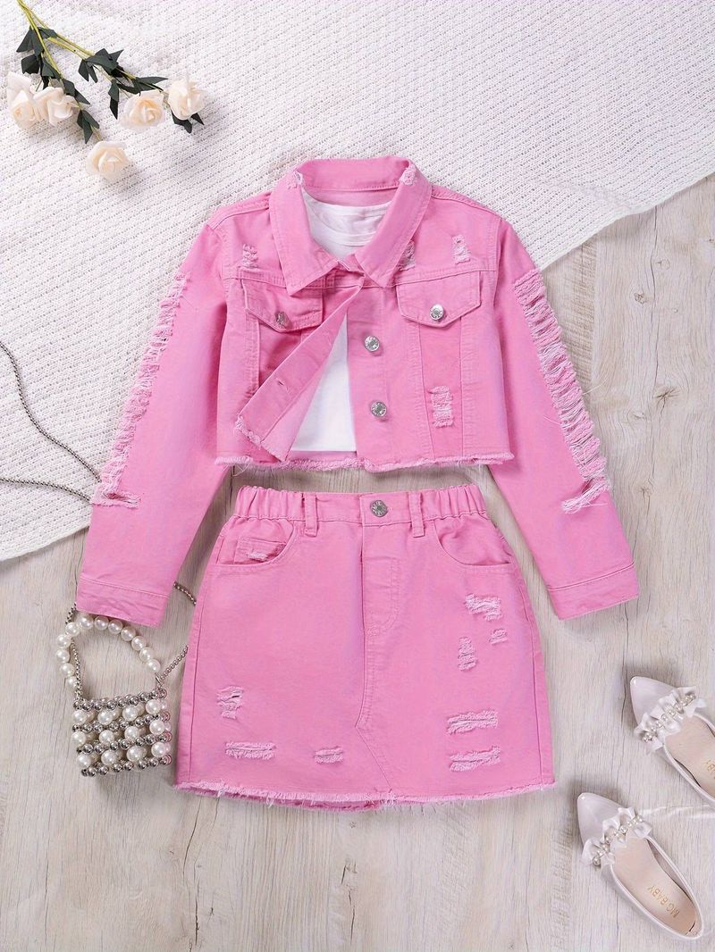 Mädchen Rosa Verwaschener Denim Mode Lässig Zerrissen Einfach Vielseitig College Stil Täglicher Ausflug Jacke Mantel Top Halbrock Anzug_voghion.com
