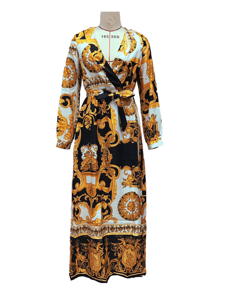 Abito da sera da donna, abito stampato, maglione con scollo a V, stile retrò, maniche lunghe, gonna lunga con spacco grande_voghion.com