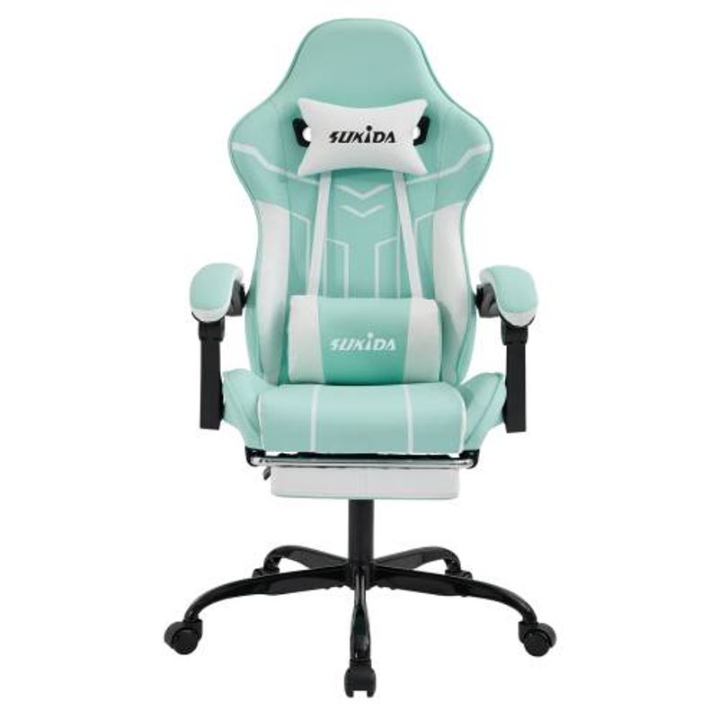 Chaise de jeu ergonomique à dossier haut avec repose-pieds, pivotante à 360°, inclinable et réglable, en cuir synthétique, vert menthe/jaune/noir, idéale pour le jeu, le bureau ou la maison._voghion.com