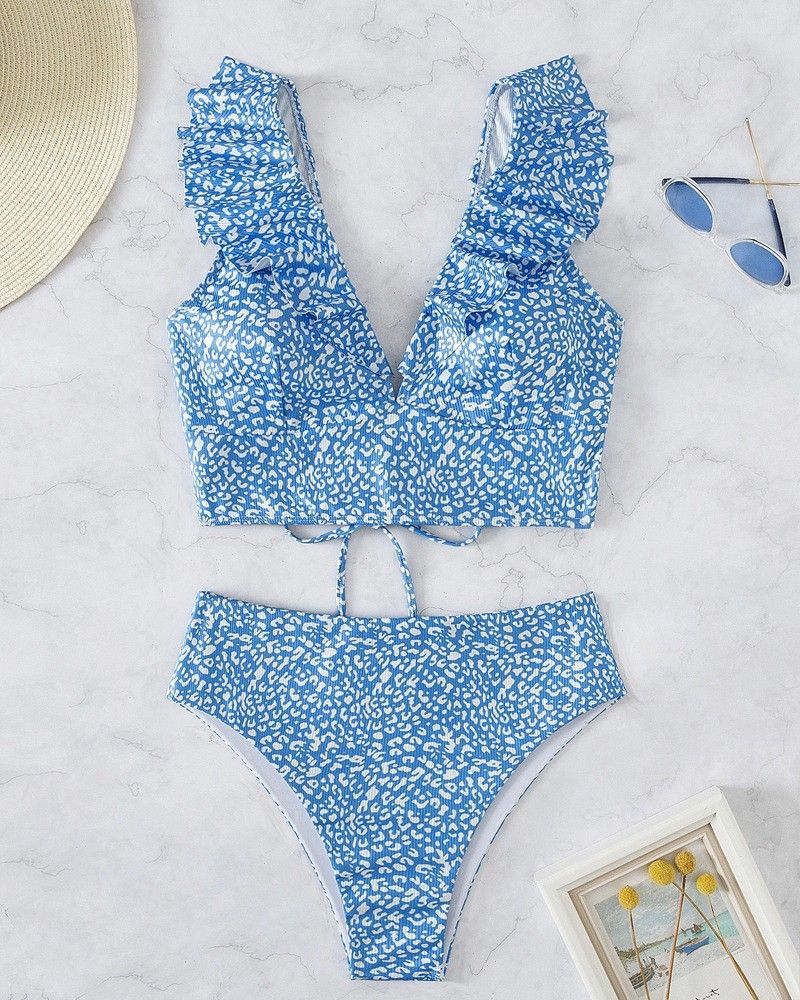 Maillot de bain fendu multicolore à volants et col en V pour femme, bikini taille haute fendu_voghion.com