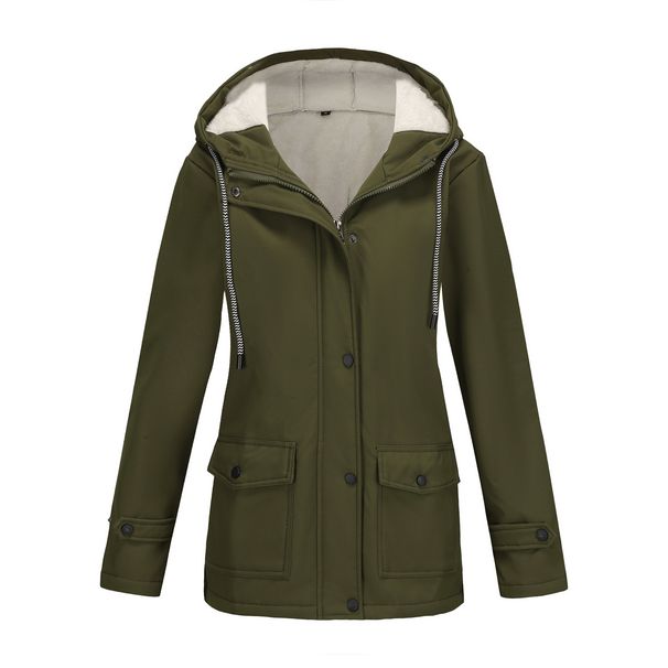 Giacca antivento con cappuccio da donna, foderata in pile, impermeabile, con cerniera completa, manica lunga, stile casual e da pendolare (nero, verde militare)_voghion.com