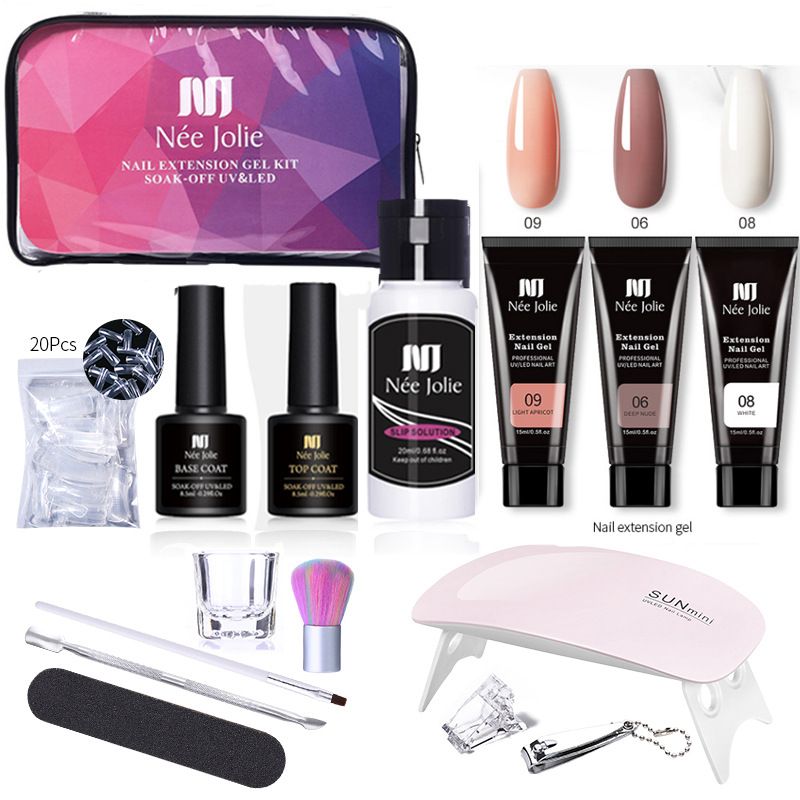 15ml Extension Gel Set With No-Paper Tray Nail Molds, LED Lamp, Brushes - Complete Manicure Kit For DIY Nail Extensions_voghion.com