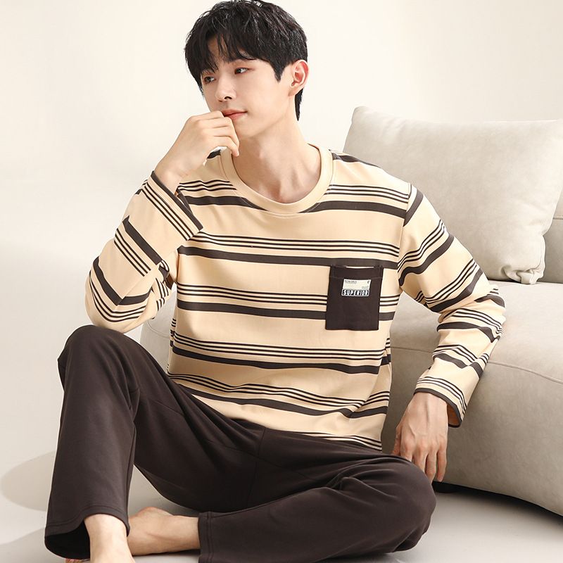 Spring Long sleeved Cotton Youth Men's Simple Casual Loose Large Size Autumn and Winter Home Clothing Set_voghion.com