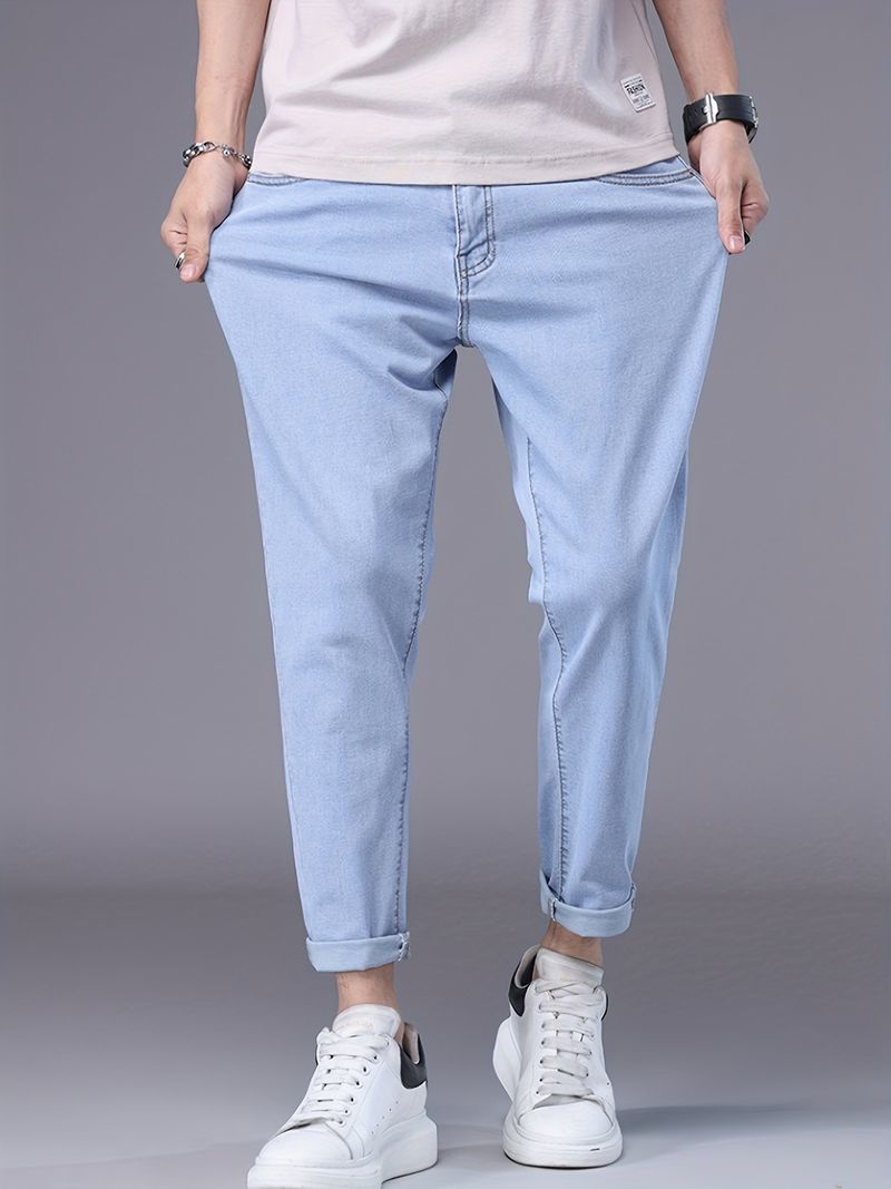 Slim Fit Stretch-Jeans für Herren – Hellblaue Freizeithose mit mittlerer Leibhöhe und elastischem Bund, bequem und atmungsaktiv für lässige Kleidung_voghion.com