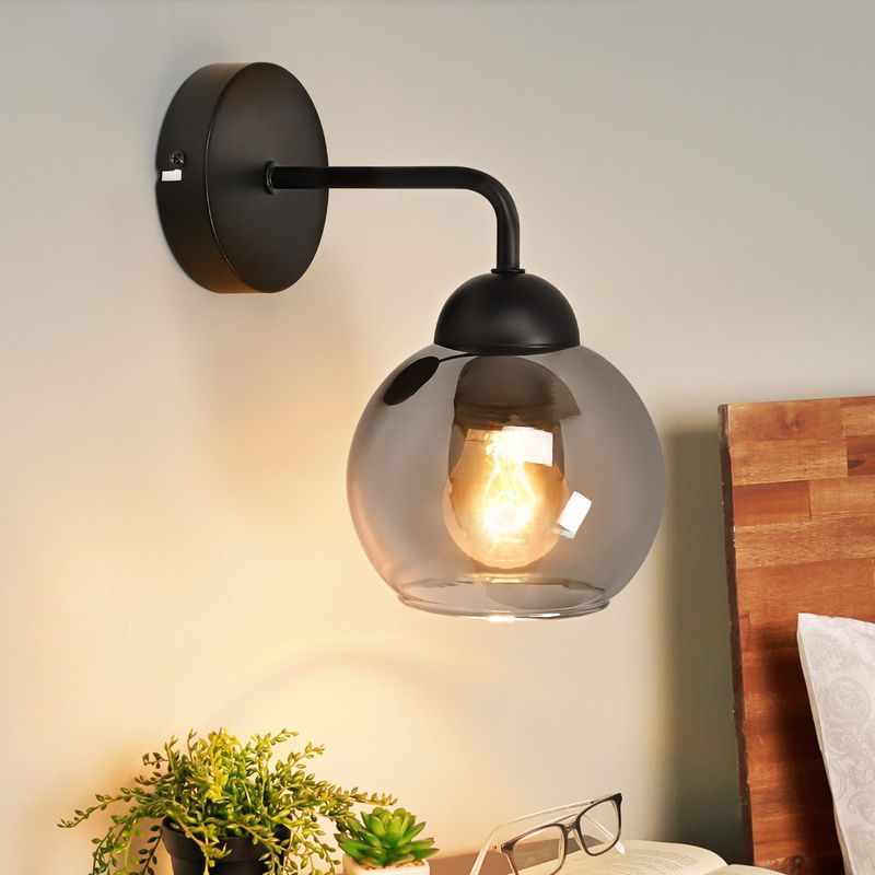Wandlampe Innen Vintage Wandleuchte E27 -Retro Wandbeleuchtung Glas Kugel Schwarz Flurlampe Industrial Design Runde Bettlampe Für Wohnzimmer Restaurant_voghion.com
