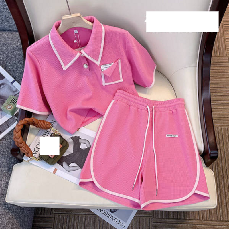 Women's Polo Collar Pink Design Niche Fashion Age-reducing Shorts Two-piece Suit_voghion.com