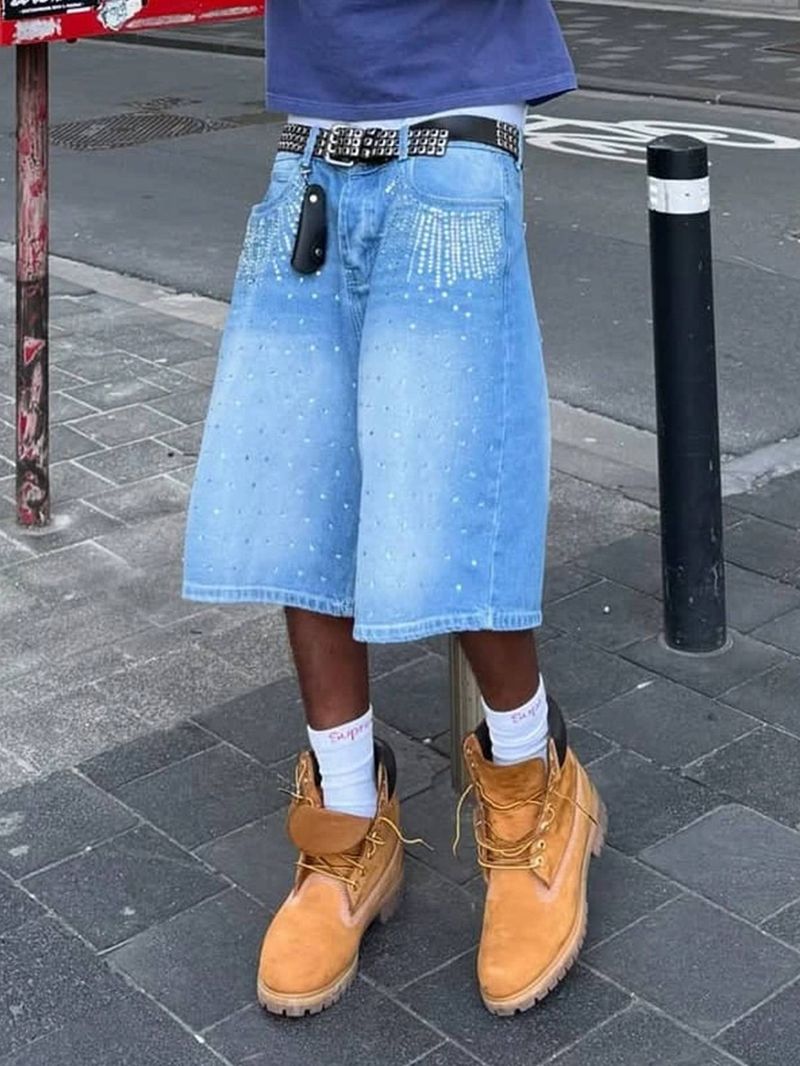 Men's Clothing 25 New Large Size Washed Hot Diamond Design Jeans Men's Street Loose Slim Wide Leg Drop Feeling Mid-length Pants Trend_voghion.com