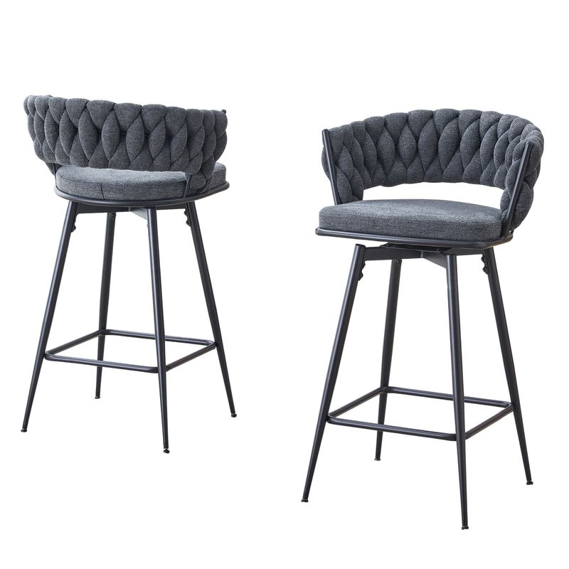 Set Of 2 Counter Height Swivel Bar Stools, 360° Rotating Linen-Cotton Upholstered Seats With Hollow Backrest,Adjustable Footpads,300 Lbs Capacity,Grey_voghion.com