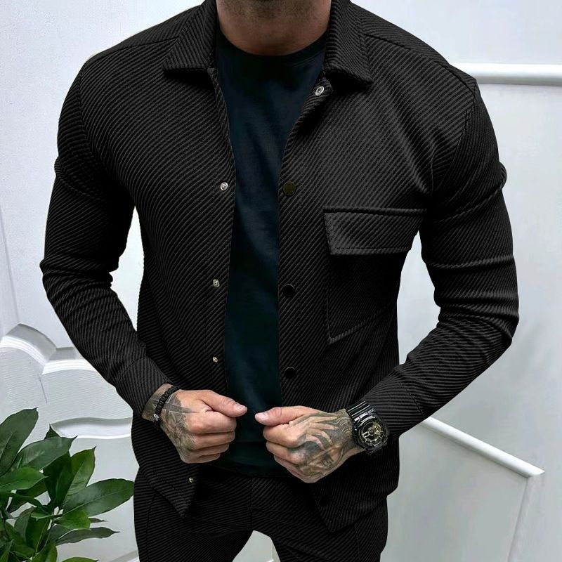 Herrenbekleidung Herbst Casual Herren Heavy Twill Revers Langarm Top Einreihig Einfarbig Schlank Jacke_voghion.com