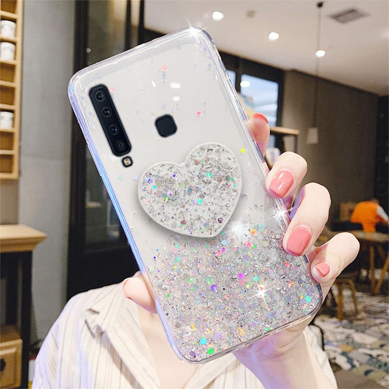 Silver Foil Phone holder case For Samsung Galaxy A9 2018 Coque A7 2018 A750 Bling Glitter Soft Silicone Stand Cover_voghion.com