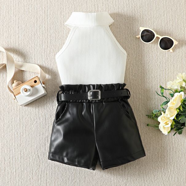 Summer Girls' Standing Neck Pit Striped Sleeveless Top PU Leather Shorts Set_voghion.com