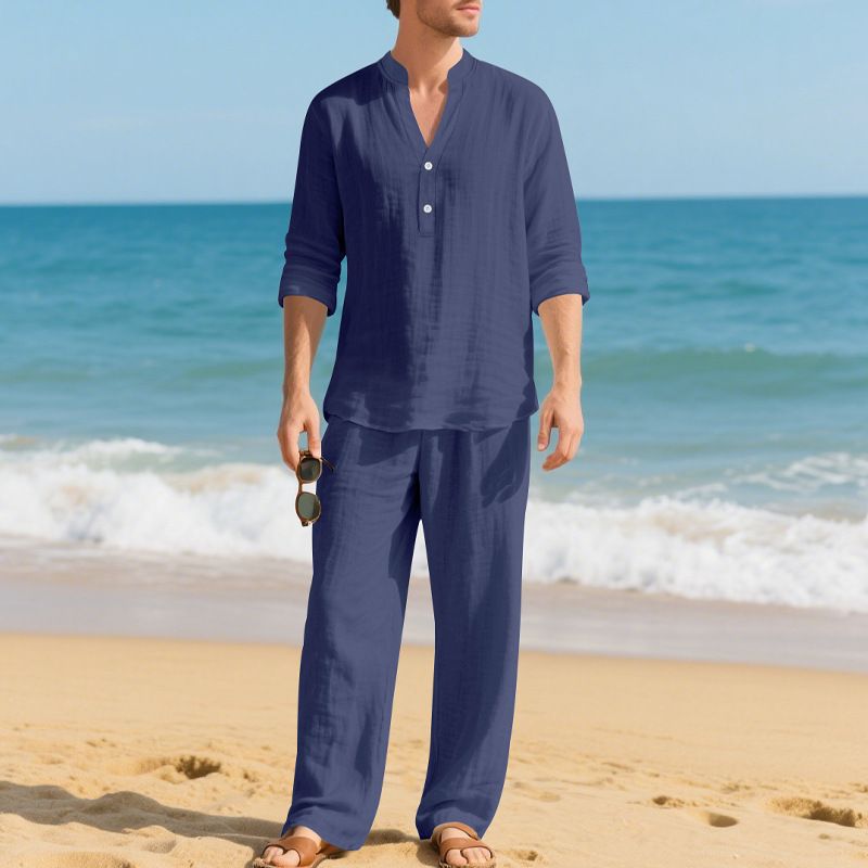 ​Herren-Set aus Leinen-Henley-Shirt und -Hose – Atmungsaktives Sommer-Outfit, entspannte Passform, V-Ausschnitt, lange Ärmel, leichte und stylische Freizeitkleidung​_voghion.com