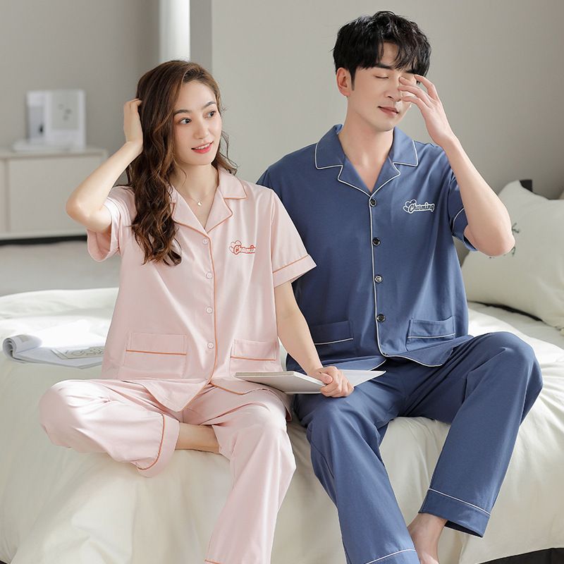 Couple's Pure Cotton Pajama Set | Basic Short Sleeved+long Pants Matching Loose Cardigan Suitable For Three Seasons, Youthful And Casual Style_voghion.com