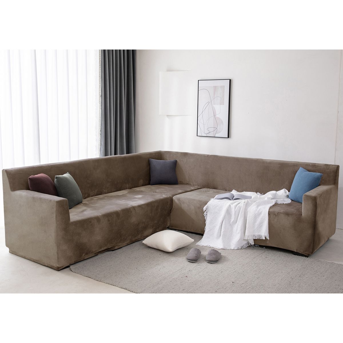 Housse de canapé élastique en polyester – Housse intégrale pour canapé d'angle 7 pièces, tissu velours doux effet renard argenté, compatible avec tous les canapés modulables_voghion.com