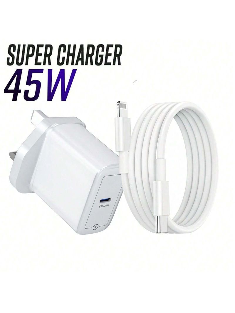 45 W PD UK ātrās uzlādes komplekts, saderīgs ar iPhone 15/14/13 sērijas un USB-C ierīcēm, divu portu PD3.0/PPS ar 3 x 100 cm C-C/C-Lightning kabeļiem_voghion.com
