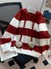 Striped Hooded Sweater – Oversized Pullover Knit With Contrast Trim (One Size, Red/Gray, Cozy Arctic Fleece Blend For Winter, Korean Lazy Style)_voghion.com