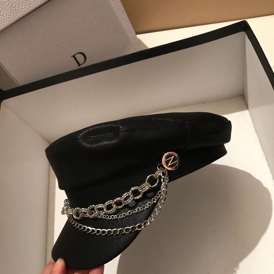 Chapeau bleu marine en cuir givré printemps et automne chaîne personnalisée hommes et femmes couples casquette plate chapeau décontracté de rue en plein air_voghion.com