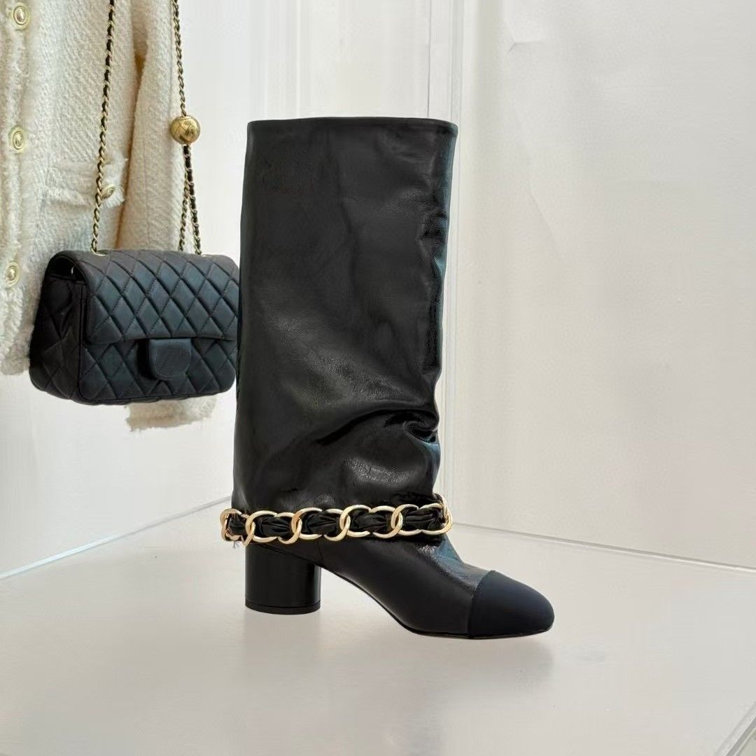 Xiaoxiangfeng Trouser Tube Boots Women's High Heels 2025 Autumn And Winter New Versatile High Boots Chain Short Boots Thick Heel Single Boots_voghion.com