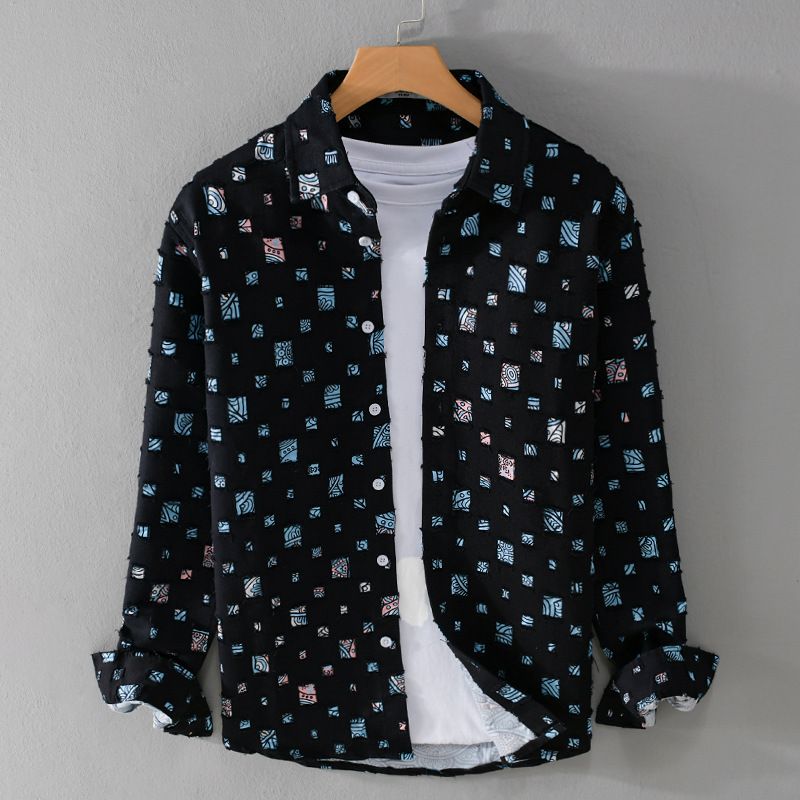 Camicia a maniche lunghe con stampa a quadri e cuciture, tendenza traforata, giacca in cotone, tendenza maschile_voghion.com
