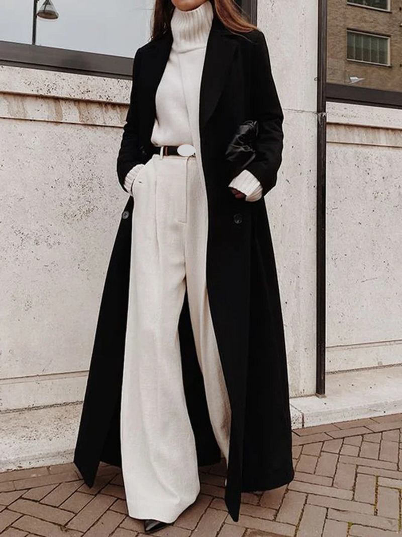 Lässiger, langer, einfarbiger, warmer Wollmantel für Damen_voghion.com