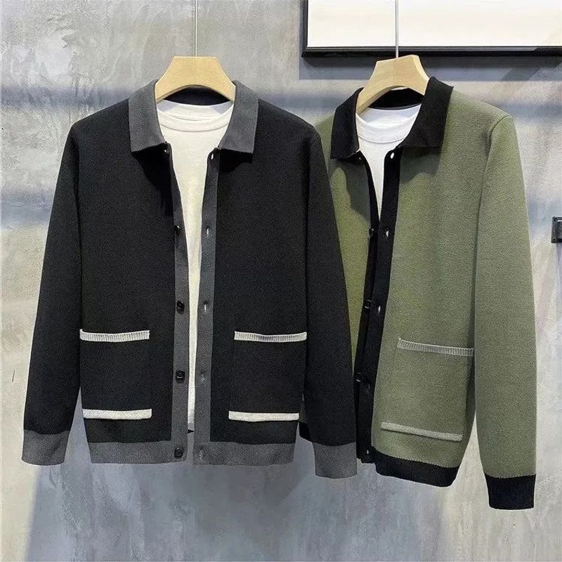 Ropa para hombre, nuevo cárdigan de punto con solapa de otoño, personalidad, color de contraste, tendencia de moda juvenil de alta gama, tops para hombre de nicho_voghion.com