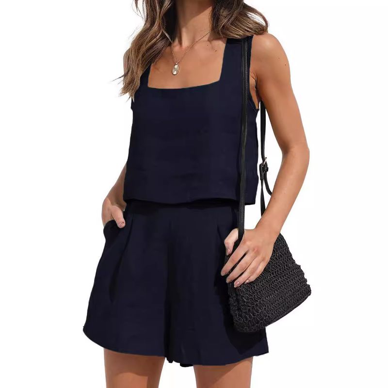 Women's 2-Piece Casual Outfit Sleeveless Top & Shorts Set - Breathable Polyester Blend, Comfortable Summer Lounge Wear_voghion.com