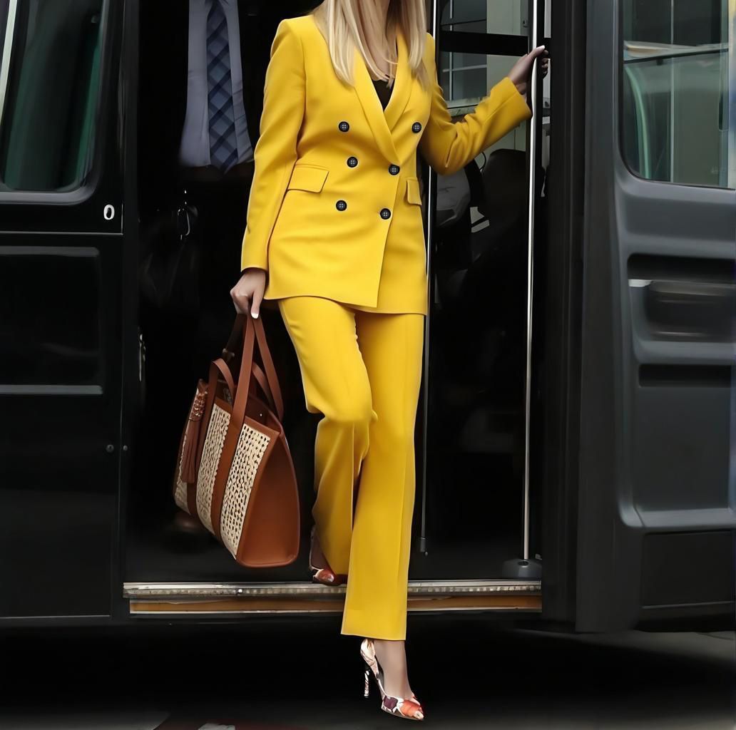Women's Autumn/Winter Suit Set, Solid Color Blazer & Straight Leg Pants, Stretch Polyester-Spandex Office Outfit (Yellow, Sizes S-Xl)_voghion.com