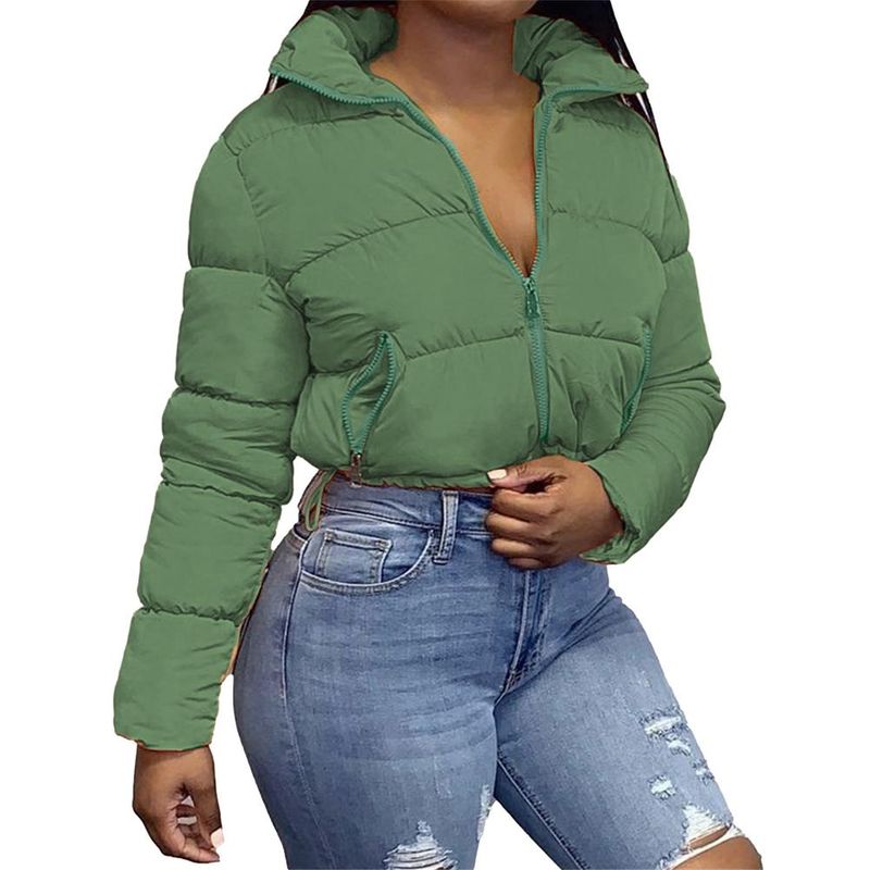 Women Winter Long Sleeve Zipper Puffer Jacket Stand Collar Warm Parka Fashion Short Outwear Thick Down Bubble Coats_voghion.com
