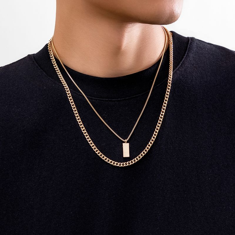 Kunjoe 2 Parts/Set Rectangular Pendant Box Chain Necklace for Men Punk Silver Color Cuban Link Chain Choker Necklace Party_voghion.com