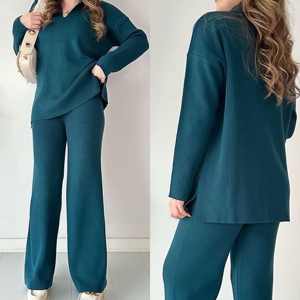 Women's Solid Color Fashion Collar Sweater Loose Casual Two-piece Set_voghion.com