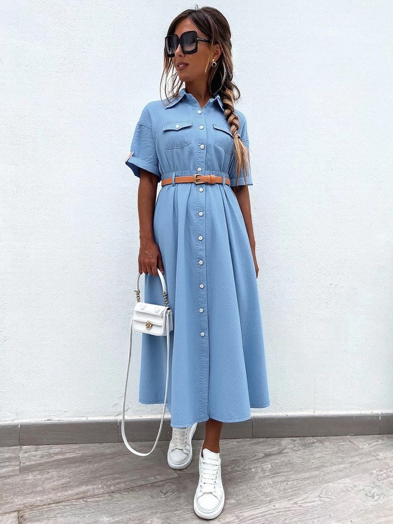 Women's Clothing New Mid Length Shirt Denim Dress A Line_voghion.com