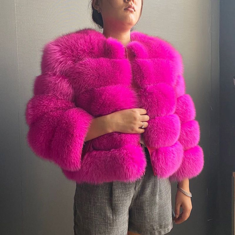 Luxury Fox Fur Coat Women's Winter Fashion Outerwear Short Jacket With Natural Fox Fur Trim, Elegant And Warm, Multiple Colors Available_voghion.com