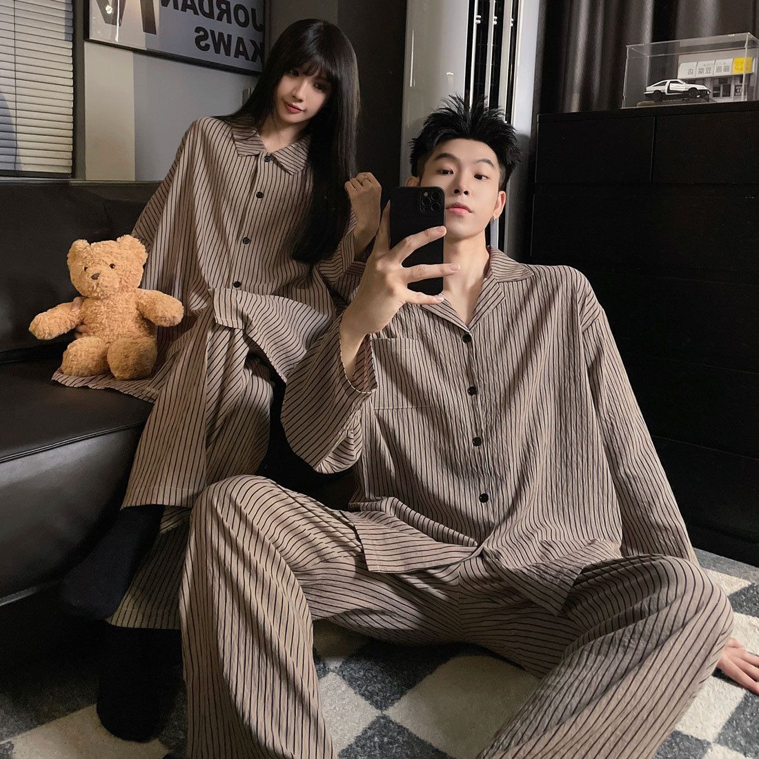 2024 Spring and Autumn New Women's Simple Long Sleeve Casual Cloud Cotton Sleepwear Set for Couples to Wear Outdated_voghion.com
